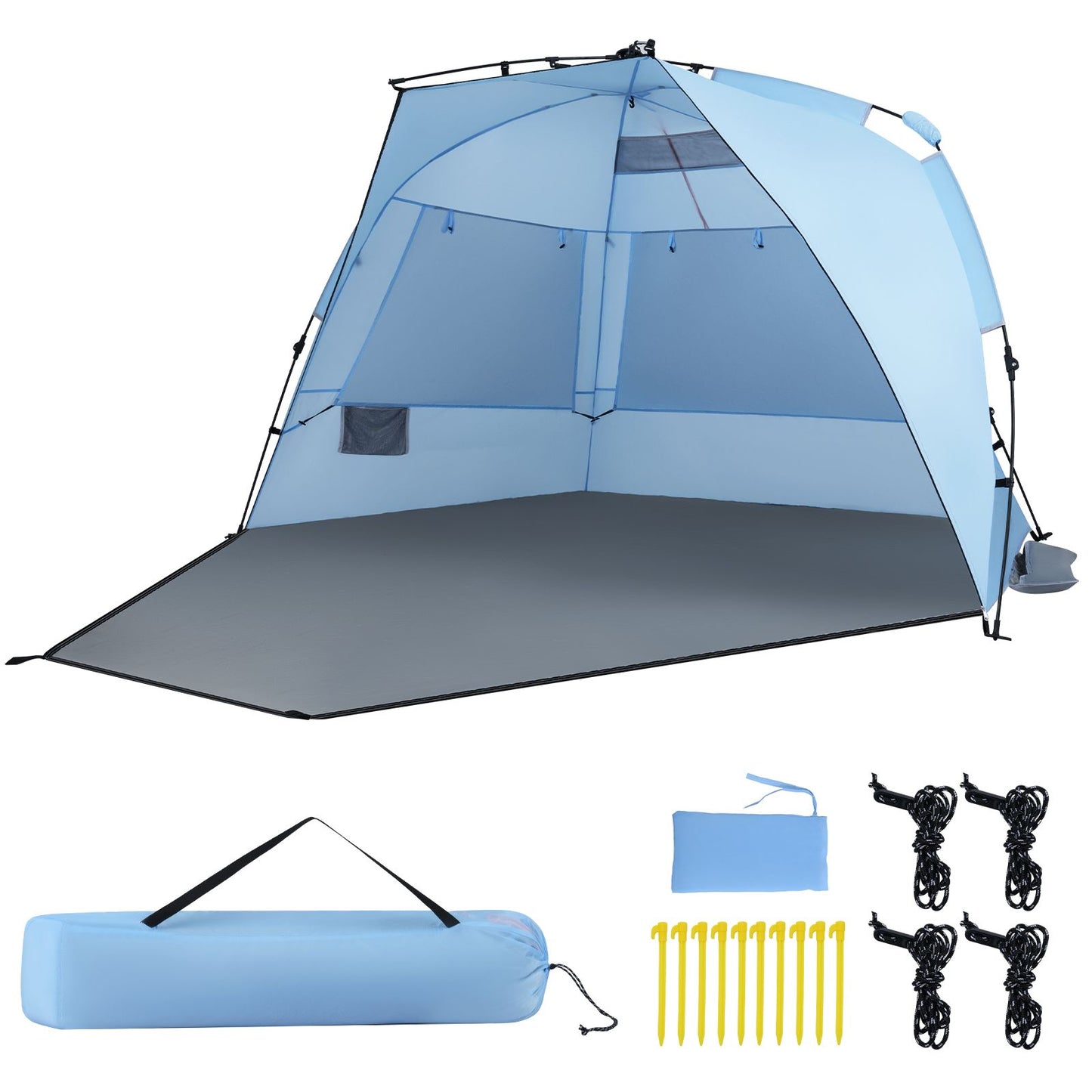 Coast Pop-up-Strandzelt für 3–4 Personen – Grau/Blau – 278 x 140 x 142 cm – inkl. Tragetasche, Heringe und Sandsäcke