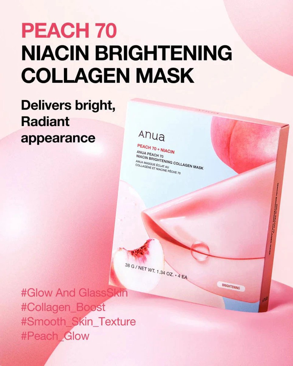 Anua - Pfirsich 70 Niacin Aufhellende Kollagenmaske - 4 Stück - Gesichtsmaske - Koreanische Hautpflege