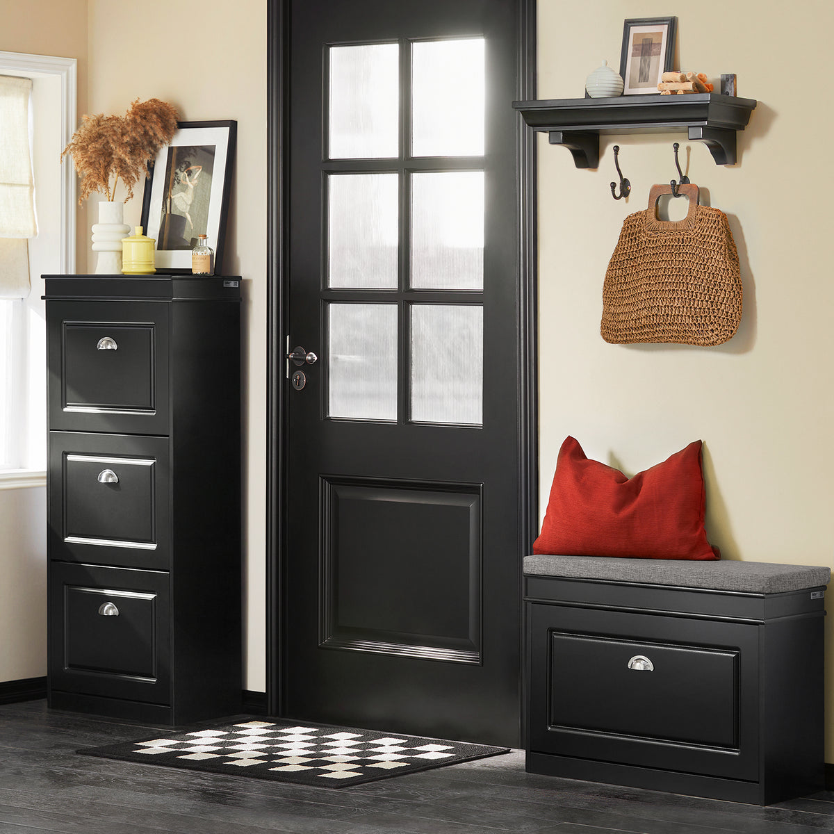 SoBuy Schuhbank – schmal – Holz – 60 x 24 x 51 cm – Schwarz