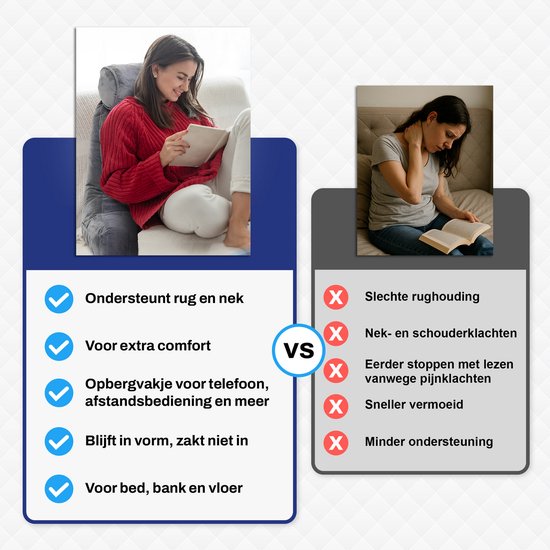 Sleeptight Lesekissen, ergonomisches Rückenkissen – mit abnehmbarem Nackenrollenkissen, praktischem Staufach und formstabiler Schaumstofffüllung – für Bett und Sofa – grauer Stoff – 53 cm lang, 60 cm breit und 40 cm hoch