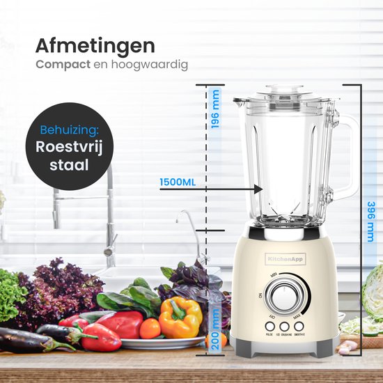 KitchenApp Retro Blender 1.5L - Glaskrug - 800W - Crushed Ice, Smoothie & Pulse - Beige