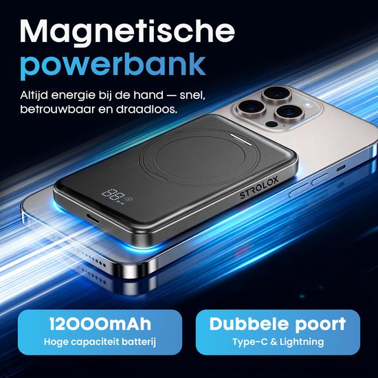 Strolox Powerbank – 12.000 mAh – Kompatibel mit dem MagSafe-System – Kabellose Powerbanks – Schnellladegerät – Notfallpaket – Mit Ständer