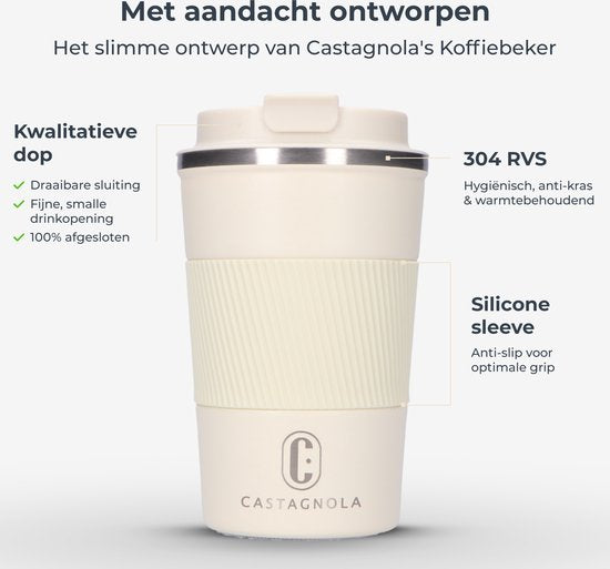 Castagnola Thermosbecher - Kaffeebecher To Go - Reisebecher für Kaffee und Tee - Teebecher - 380 ML - Edelstahl - Offwhite