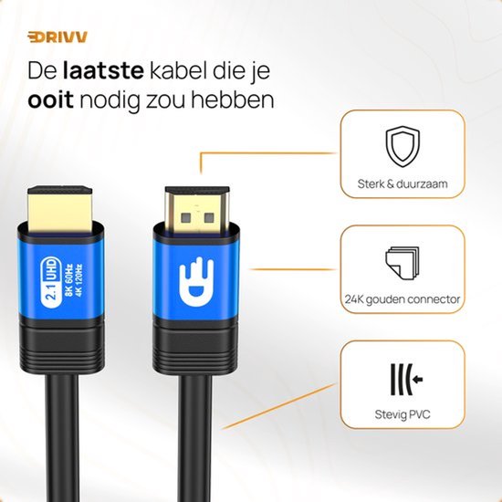 Drivv. Premium-HDMI-Kabel 2.1 – Ultra HD High Speed 8K – HDMI auf HDMI – Geeignet für Spielkonsolen – 10 Meter – Blau