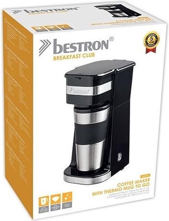 Bestron Filterkaffeemaschine 750 W – ACM112Z – 0,42 l, 2 große Tassen – Für den Campinggebrauch geeignet – Thermobecher – 5 Jahre Garantie