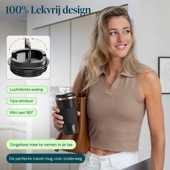 Castagnola Thermobecher – Kaffeebecher zum Mitnehmen – Reisebecher für Kaffee und Tee – Teebecher – 510 ml – Edelstahl – Schwarz