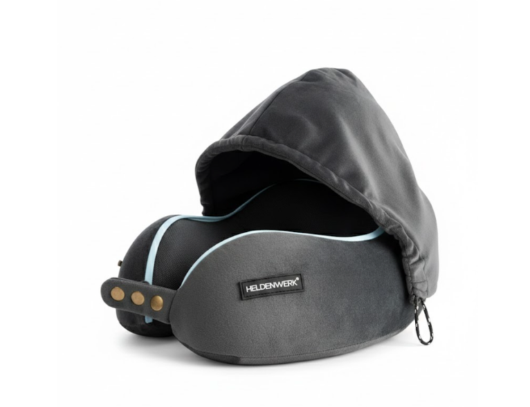 HELDENWERK - Nackenkissen & Reisekissen - Dunkelgrauer Memory Foam - Mit verstellbarem Kordelzug & samtig weichem Bezug - Ergonomischer Komfort - Für Flugzeug & Auto