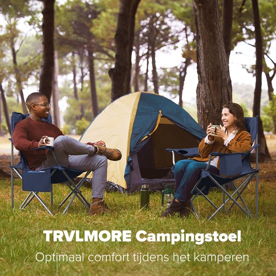 TRVLMORE Campingstühle - Zusammenklappbar - 2 Stück - XL - 150 kg Belastbarkeit - Getränkehalter - Seitentasche - Klappstuhl - Blau