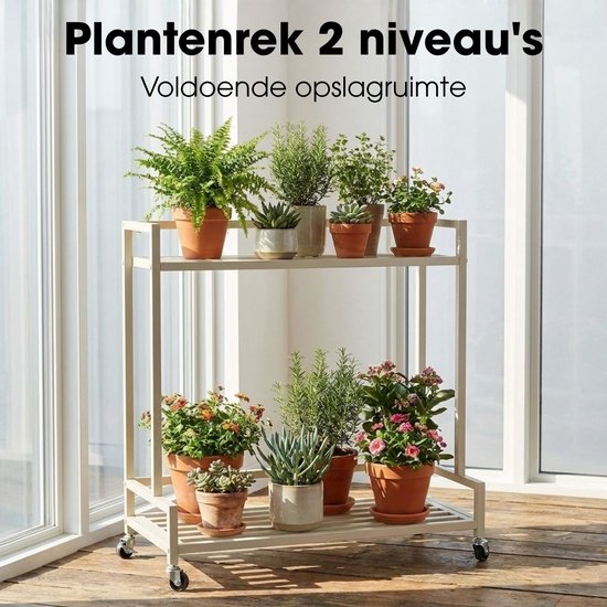 Mica Decorations Greenrax Pflanzenregal auf Rädern – Pflanzenständer für Zimmerpflanzen, Außenpflanzen oder Gartengeräte – Mehrere Ablagen, Pflanzenuntersetzer – 80 x 35 x 81 cm – Eisen – Off-White