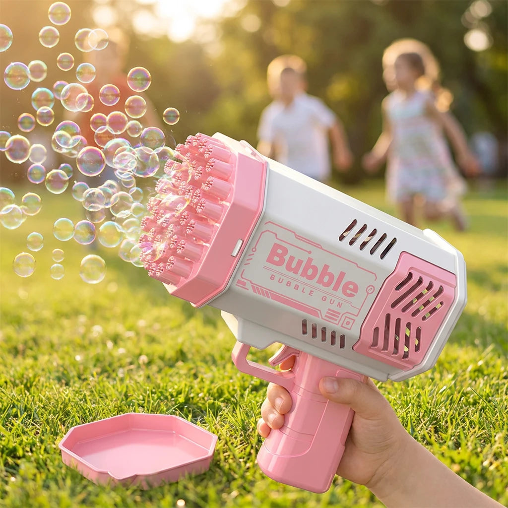 KNYYSECQ Kinderspielzeug für draußen: Schaum- und Seifenblasenmaschine mit 40 Löchern und Beleuchtung – rosa und weiß