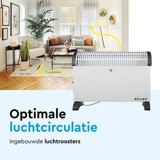 BRASQ - Elektrischer Konvektor - Turbofunktion und einstellbarer Thermostat - Kompakt und leise - Timer - 750/1250-2000 Watt - Heizung mit Überhitzungsschutz - Weiß - Elektroheizung
