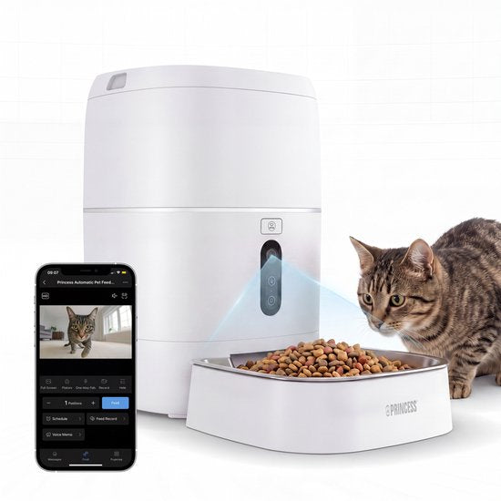 Princess Automatischer Fressnapf – HD-Kamera & Smart – 6 Liter – Katze & Hund – App-Steuerung – Geplante Fütterung – Edelstahlschüssel – Pufferbatterie – Futterautomat – Futterspender – 610065