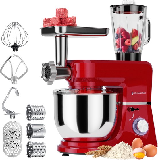 KitchenBrothers Küchenmaschine - 6-in-1 Küchenroboter - 1500W - mit Fleischwolf, Mixer und 15 Zubehörteilen - 6,2L Schüssel aus Edelstahl - Rot