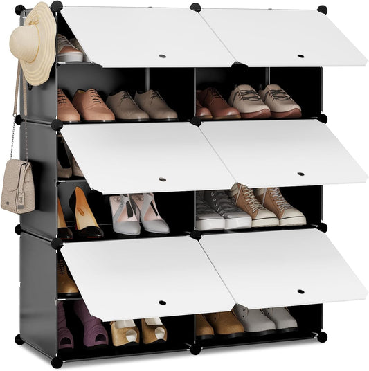 Woltu Schuhregal mit 6 Fächern – Aufbewahrungsschrank für 24 Paar Schuhe – Weiß/Schwarz – 94 x 36,5 x 109 cm