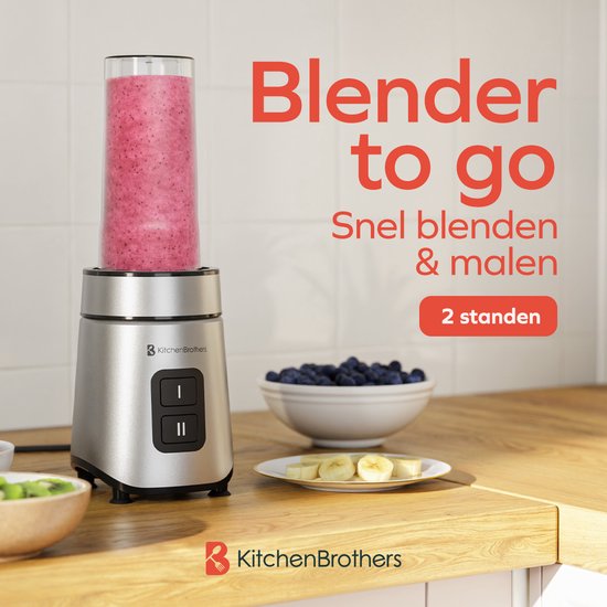 KitchenBrothers Mini Mixer - Mixer zum Mitnehmen - 2 Ständer - Smoothie Maker - 2 To-Go Becher 600 ml - Schwarz