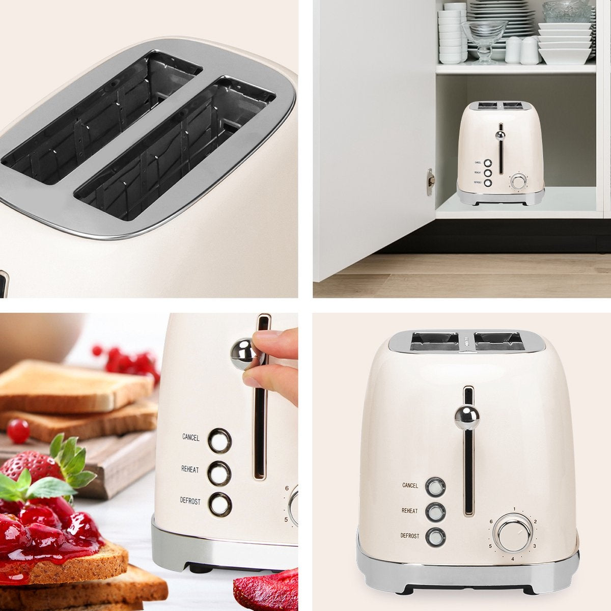 KitchenBrothers Retro-Toaster - 6 Heizstufen - 2 extra breite Schlitze - 1630W - Aufwärm- und Auftaufunktion - Beige
