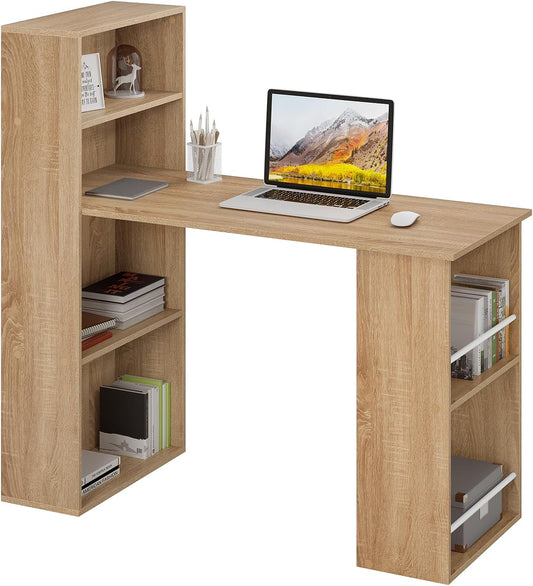 eSituro Schreibtisch mit Bücherregal und Ablageflächen 122 x 55 x 120 cm – Helles Holz – Platzsparend