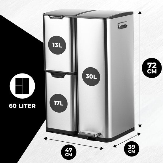 Bayt Mülleimer - Mülleimer 60 Liter - Mülleimer 60 Liter - Treteimer 60 Liter - Mülleimer Mülltrennung - Mülleimer 3 Fächer - Mülleimer - Edelstahl - Silber