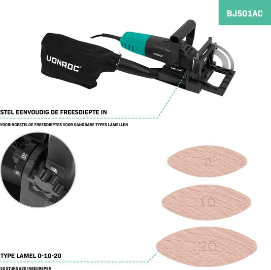 VONROC Klappenschneider 900W - Dübelfräser - Inkl. 50 Klingen (Größe 20) und Staubfangbeutel