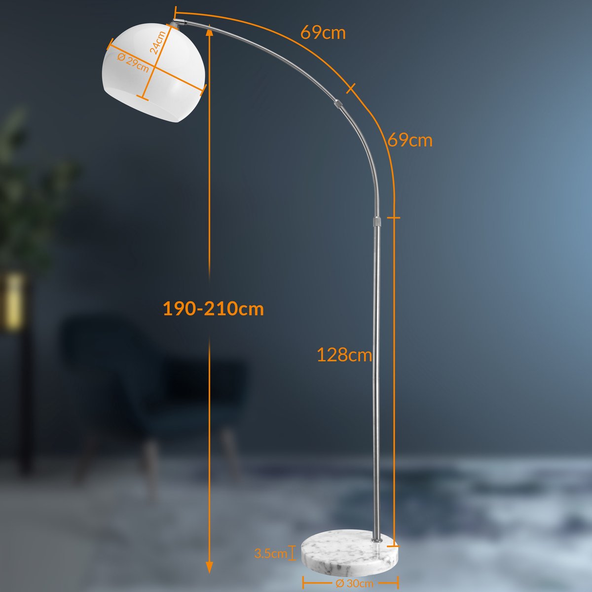 Monzana Retro Design Bogenlampe - Stehleuchte - Verstellbar 190-210 cm - Opalweiß - Silber