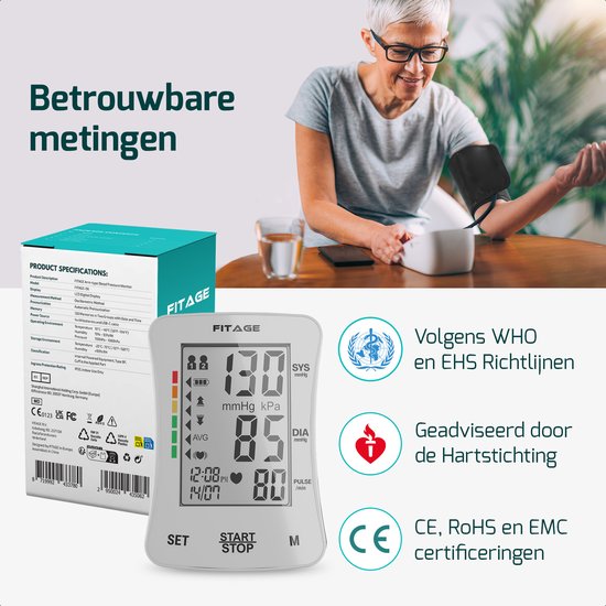 FITAGE Medical Oberarm-Blutdruckmessgerät - Blutdruckmessgeräte - Herzfrequenzmessgerät - Blutdruckmessgerät - Manschette 22-42cm - WEISS