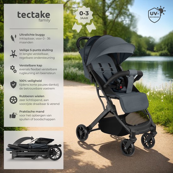 tectake® Buggy Kinderwagen Finn - Leichter Faltbuggy - Faltbar und mit Faltverdeck - Sonnenschutz - Tragkraft 15kg - Anthrazit