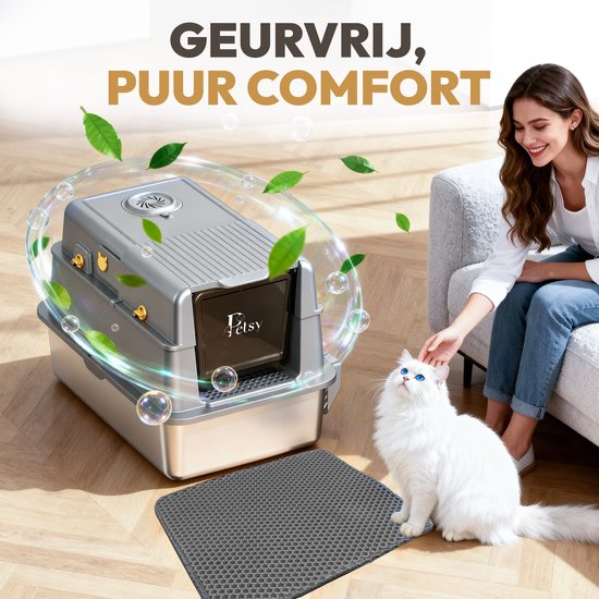 Petsy® – Premium-Katzenklo aus Edelstahl Pro – XXL – inkl. Geruchsneutralisator – inkl. Katzenschaufel, Streuauffangbehälter und Auslaufmatte – für große und kleine Katzen – 37 l Fassungsvermögen – groß –