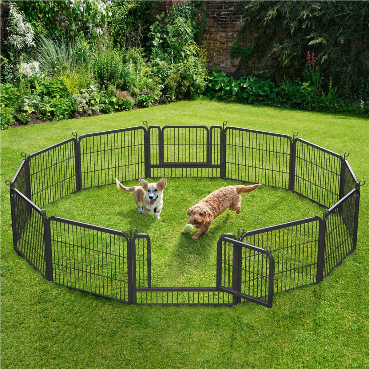 Yaheetech Welpenauslauf mit 2 Türen – 12 Elemente à 80 x 60 cm – Zusammenklappbar – Schwarz