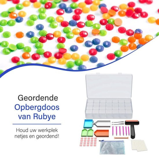 RubyeÂ® Diamantmalerei Zubehör Paket - Aufbewahrungsbox - Diamantmalerei Erwachsene - Roller - Stifte - Wachs - Shaker - Etui - Pinzette - Starter Pack