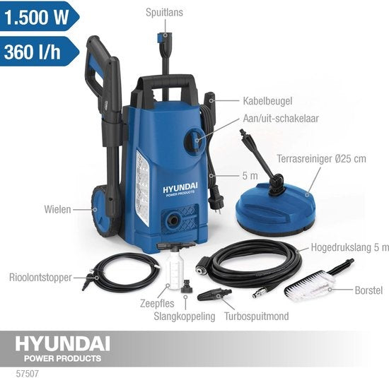 HYUNDAI Hochdruckreiniger 1500W - Komplettes Deluxe-Set - 360 L/Stunde - Inklusive zahlreichem Zubehör - Düsen - Terrassenreiniger - Seifenbehälter