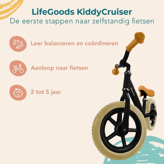 LifeGoods KiddyCruiser Balance Bike - 2 Jahre - Jungen und Mädchen - Balance Bike - Schwarz