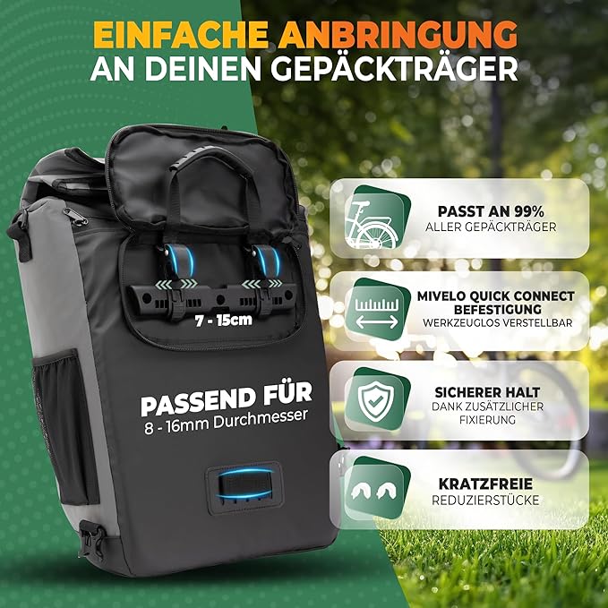 MIVELO 3-in-1-Fahrradtasche - Wasserdichtes TPU - 20L - Reflektierend - Grau & Schwarz