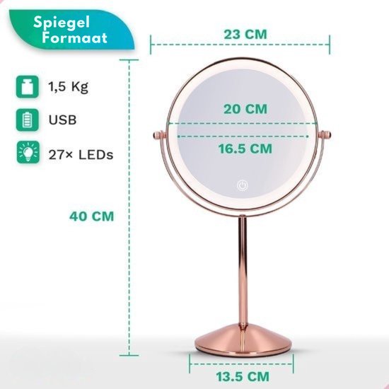 Mirlux Make-up-Spiegel mit LED-Beleuchtung - 10-fache Vergrößerung - Rasierspiegel Small On Foot - 3 Lichtstufen - wiederaufladbar - Vergrößerungsspiegel Pink Gold