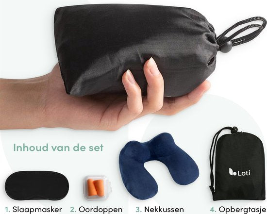 Loti Aufblasbares Nackenkissen Set 3 in 1 mit Aufbewahrungsbeutel - Flugzeugkissen - Reisekissen - Samt - Inklusive Schlafmaske und Ohrstöpsel - Blau