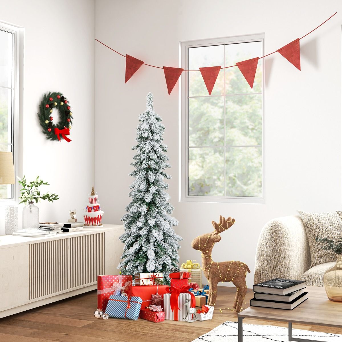 Coast 120 cm beflockter künstlicher Weihnachtsbaum - grün/weiß mit 225 Zweigspitzen und 100 LED-Lichtern