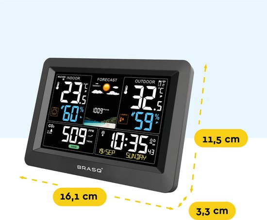 BRASQ Kabellose Wetterstation für Innen und Außen mit CO2-Messer - Hygrometer - Mit Außensensor bis zu 60 Meter - Luftfeuchtigkeitsmesser - Thermometer - Barometer - inklusive Batterien