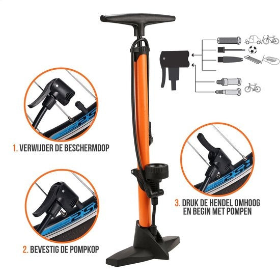 Strex Fahrradpumpe - Druckmesser - 11 Bar - Ballpumpe - Orange