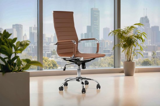 Feel Furniture – Luxuriöser Bürostuhl – Hohe Rückenlehne – Cognac mit silbernem Gestell
