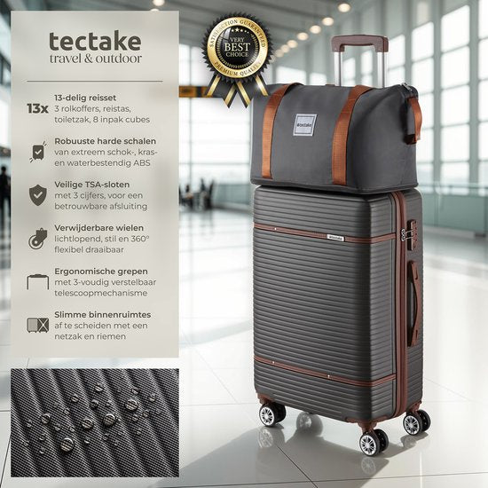 tectake® Kofferset - 13-teiliges Reiseset - Koffer - Kofferset - Reisegepäck-Set Inklusive Handgepäckkoffer, Geräumiger Reisekoffer groß, Reisetasche, Kulturbeutel, Zubehörtasche - Trolley mit TSA-Schloss - Anthrazit