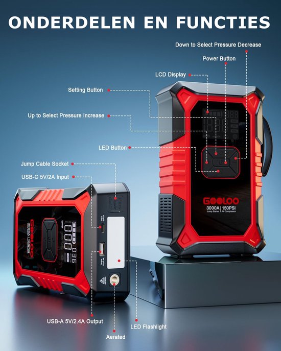 GOOLOO A3 – Tragbarer Starthilfe-Akku mit Kompressor und Powerbank – 3000 A – 12-V-Fahrzeuge – USB-Schnellladung – Kompaktes Design – LED-Taschenlampe – Für Auto, Motorrad und Boot