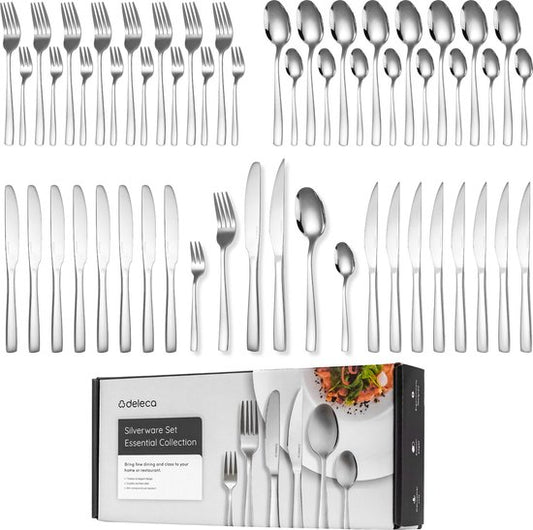 Deleca 8 Personen Besteckset Essential (48 Teile) - Löffel, Messer, Gabeln, Steakmesser & Kuchengabeln - Spülmaschinenfestes Besteck - Glänzend Silber / Edelstahl