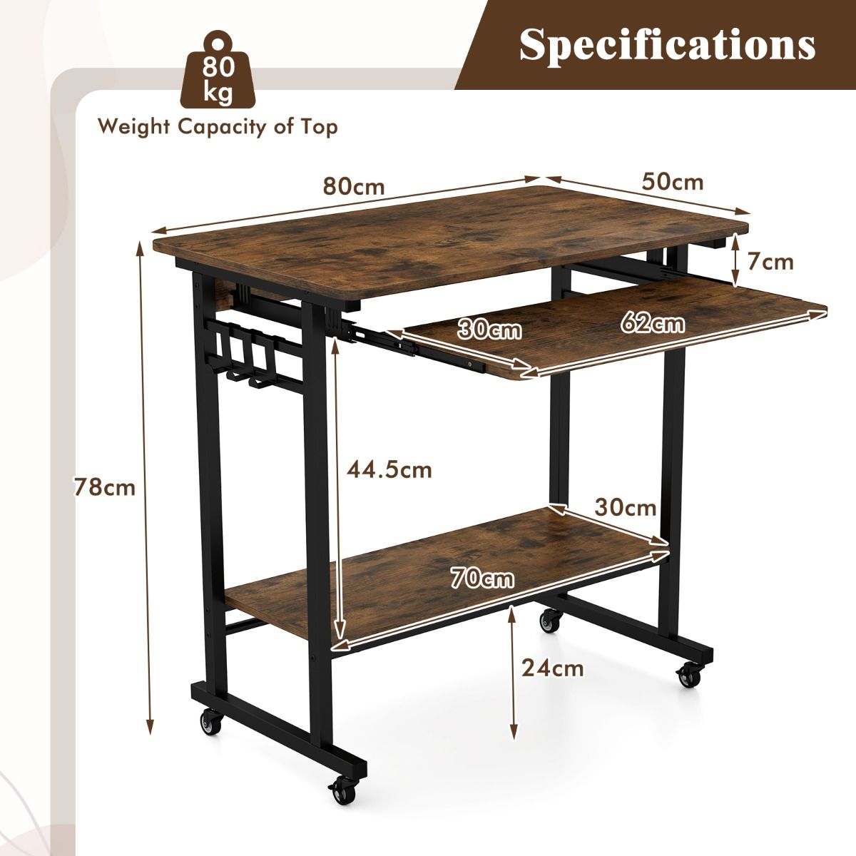 Coast Computertisch auf Rollen – mit Tastaturablage und Ablagegestell – Vintage-Braun – 80 x 50 x 78 cm