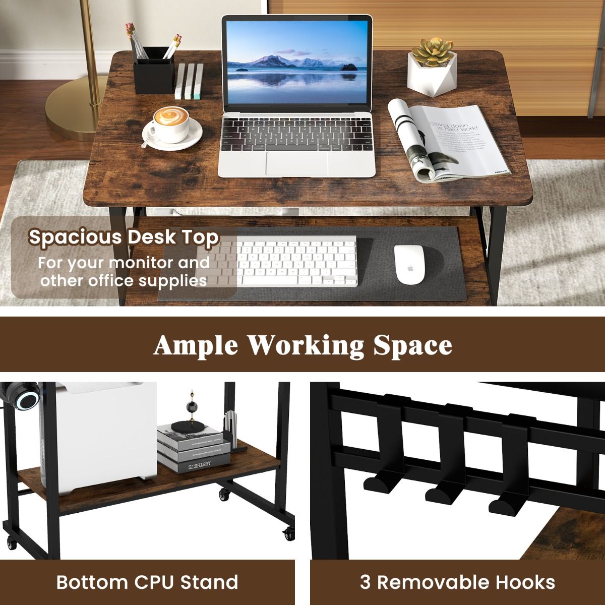 Coast Computertisch auf Rollen – mit Tastaturablage und Ablagegestell – Vintage-Braun – 80 x 50 x 78 cm