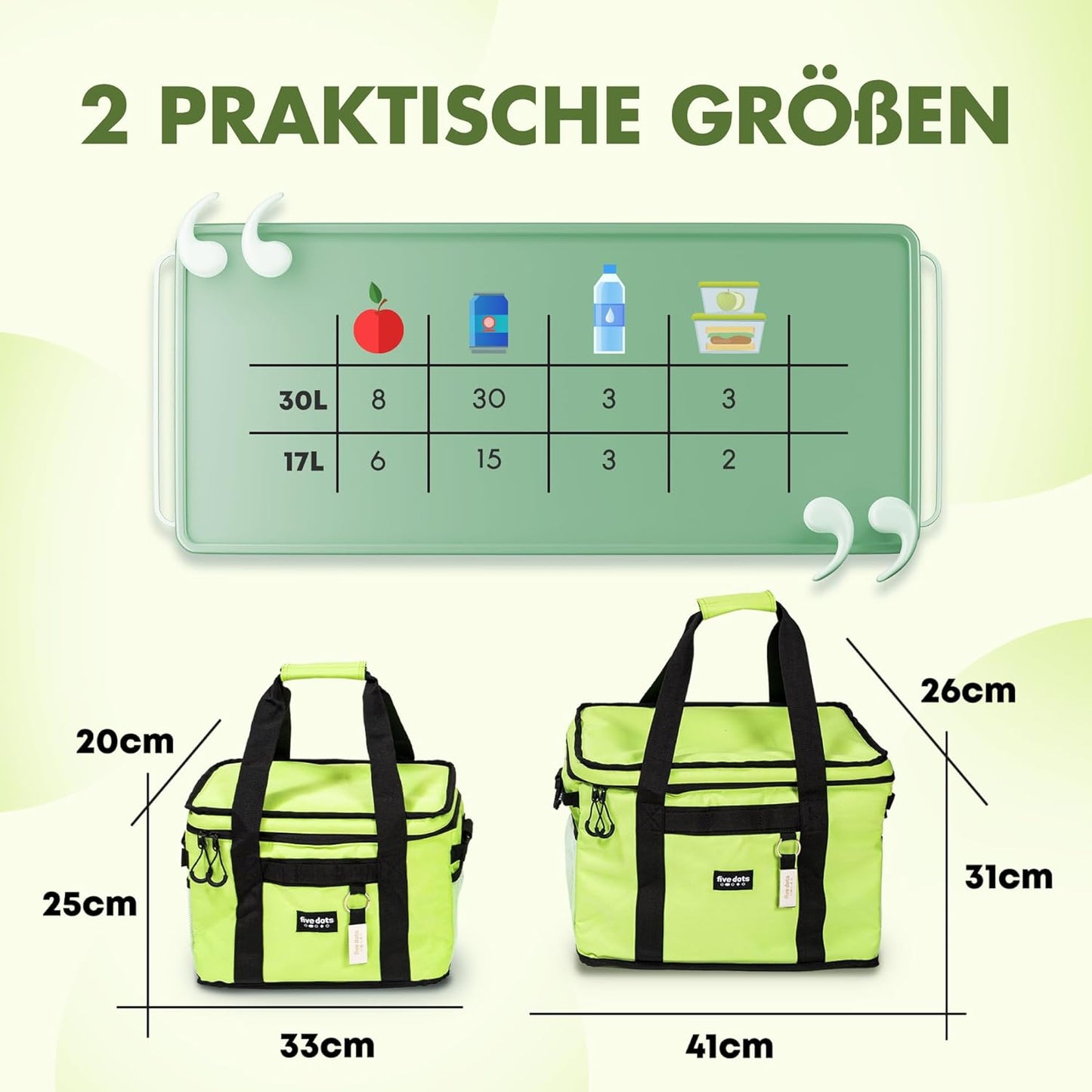 five Dots Kühltasche - 30L Kapazität - Wasserdicht - 26 x 41 x 31 cm - Grün