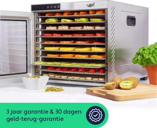 Vita5 Nobel PRO 10 Dörrgerät - Trockenschrank - Edelstahl - 24-Stunden-Timer - LED-Bedienfeld - Dörrgerät - 10 Schichten