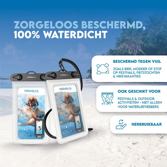 Travelly® Wasserdichte Handytasche 2er Set - Universelle Unterwassertasche für Smartphone - Geeignet für alle Handys - Drybag - Für Urlaub, Schwimmen & Wassersport - Transparent/Weiß