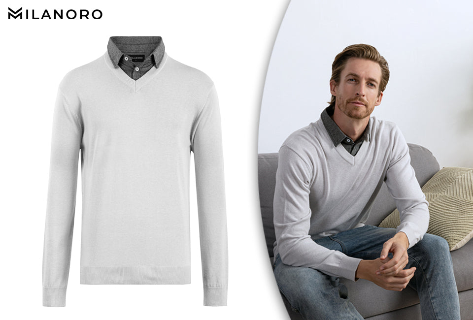 Milanoro Herren Pullover mit Hemdkragen - Hellgrau - Größe XXL - Elegant Fit