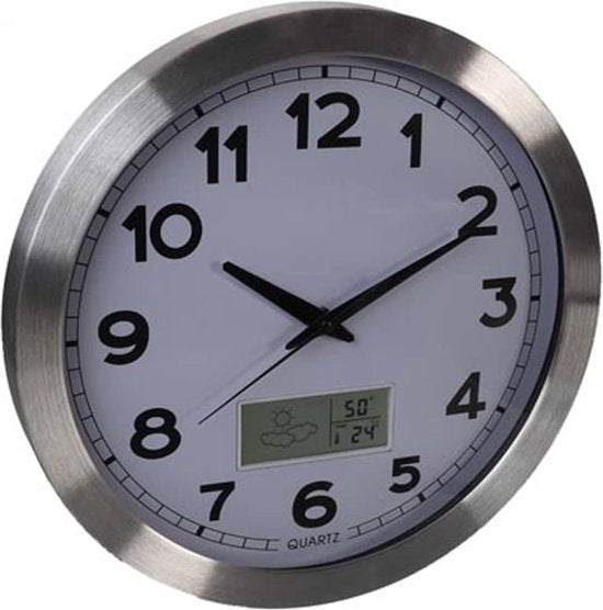 Perel Wanduhr, rund, analog, 35 cm, LCD-Display mit Thermometer, Hygrometer und Wettervorhersage, Aluminium, silber