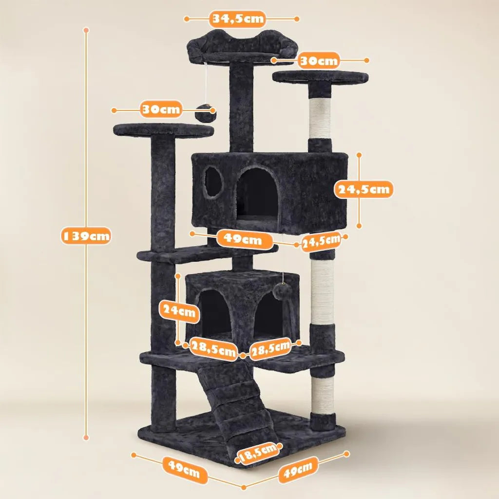 Yaheetech Katzenkratzbaum 139 cm hoch - 3 Aussichtsplattformen - 2 kuschelige Katzengehege - Schwarz