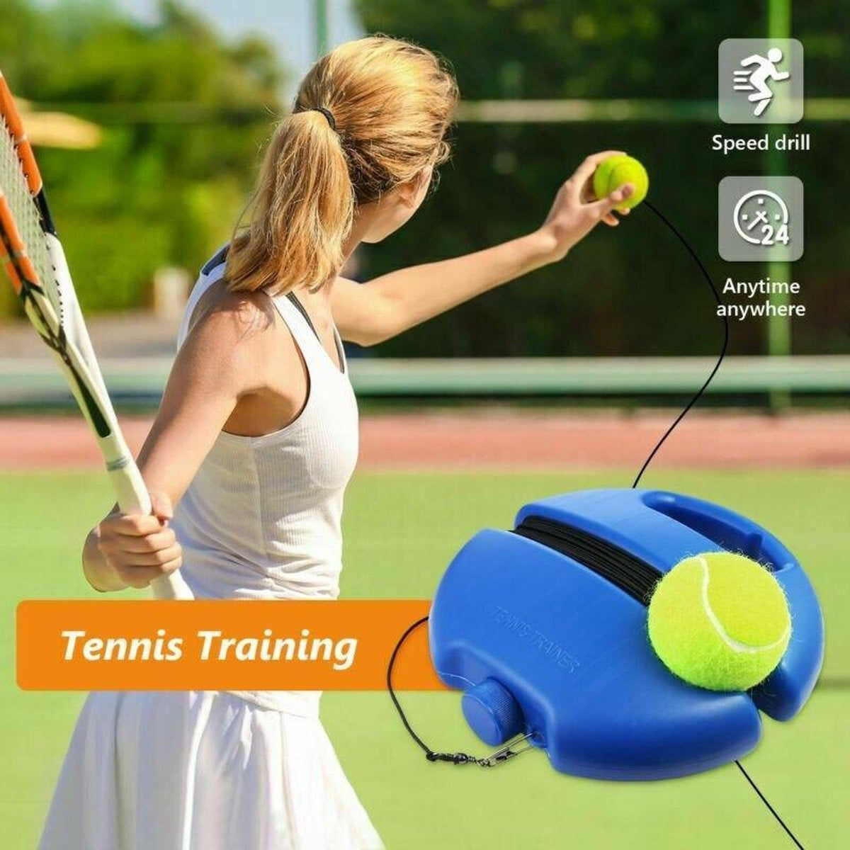 FitPure Tennistrainer + KOSTENLOSER Tennisball mit Gummiband - Tennistrainer für drinnen und draußen - extra stabil - einfach zu benutzen